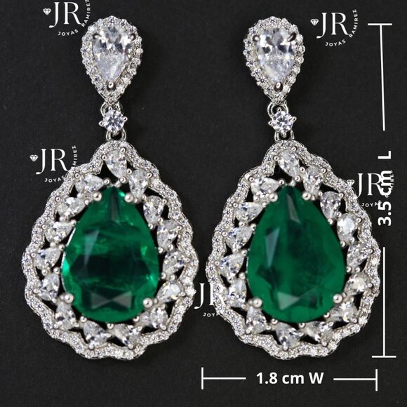 Teardrop Earrings with Emerald Green CZ and Clear CZ in Sterling Silver .925. - Picture 6 of 7